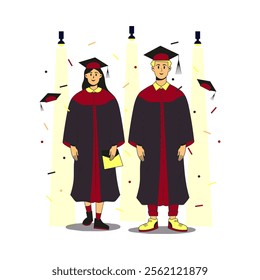 Two students wearing gown and cap at graduation ceremony.