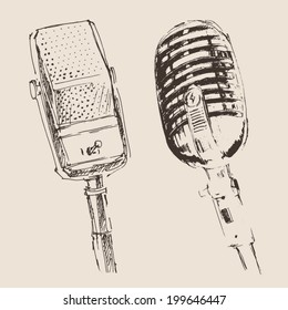two studio microphone vintage illustration, engraved retro style, hand drawn, sketch