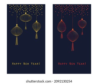 Two  style cards with bright holiday toys. Chinese lanterns. New Year theme. Vector illustration.