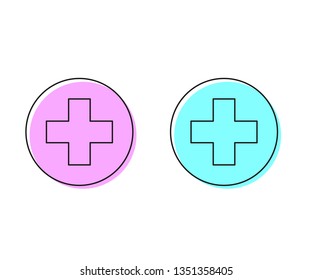 Two style illustration, pink and cyan Medical cross icon. Healthcare symbol