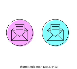 Two style illustration, pink and cyan Receive mail icon. Opened envelope with letter inside.
