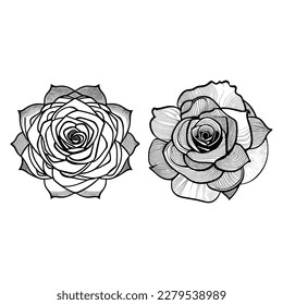 Two style Nice Roses Vector artwork coloring page, coloring book, leaves, black outline hand drew sketch. Vector element for natural, wedding design, plant, botanical illustration, coloring book, line