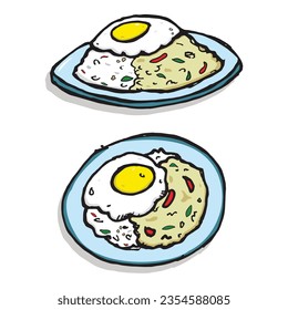 two style of Thai food, rice topped with spicy stir-fried pork or chicken and basil with fried egg, Pad Ka Phrao, Pad Ka Prao doodle art