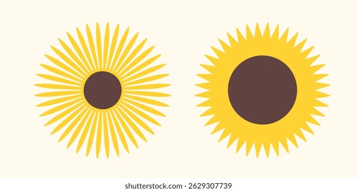 Two styles of abstract yellow sunflowers on beige background. Minimalist aesthetic with summer vibes. Perfect for stickers, branding, and web design. High quality vector illustration, EPS 10. 