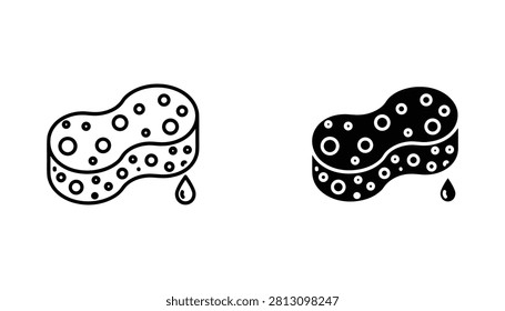 Two styles of black sponge icons, featuring linear and solid silhouette versions with water droplets, designed for cleaning services and household chore applications.