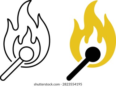 Two styles of burning matchstick icons featuring a flaming wooden stick depicted as a simple vector design.