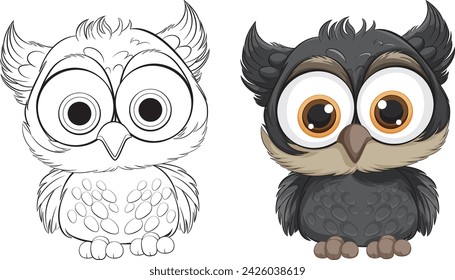 Two styles of a cartoon owl, colored and outlined.