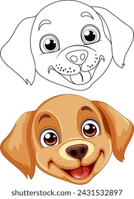 Two styles of a cheerful cartoon dog face.
