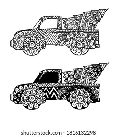 Two styles of Christmas truck for print, coloring book, Christmas ornament and so on. Vector illustration.