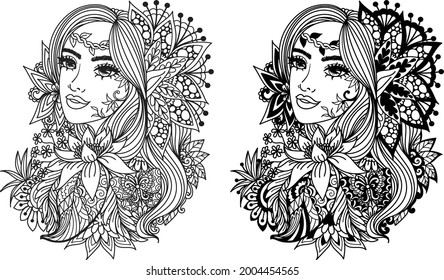 Two styles of fairy princess for coloring page,engraving,laser cut or printing on products. Vector illustratin.