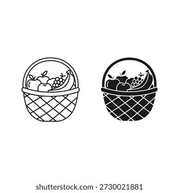 Dos estilos de icono de la cesta de fruta, contorno y llenado, aislado en