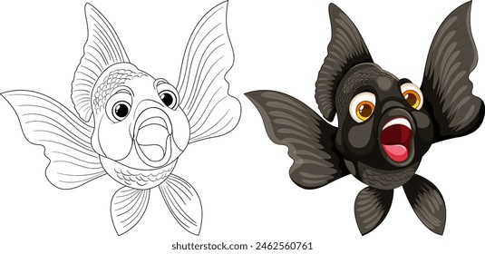 Two styles of goldfish, one vibrant and one outlined.
