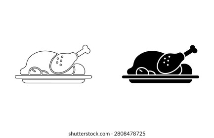 Two styles of roasted chicken leg on a plate with sliced vegetables isolated on white background