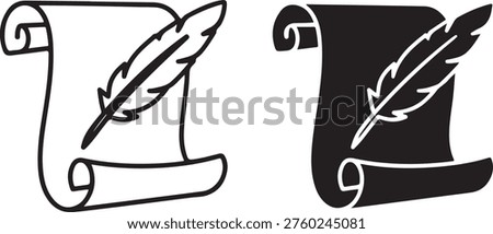 Two styles of a vintage parchment paper scroll icon featuring a classic quill pen for writing isolated on white background, illustration