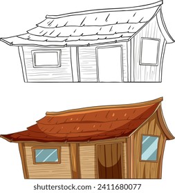 Dos estilos de cabañas de madera, una de color y otra con dibujos.