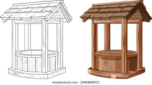 Two styles of wooden wells, one colored and one outlined.