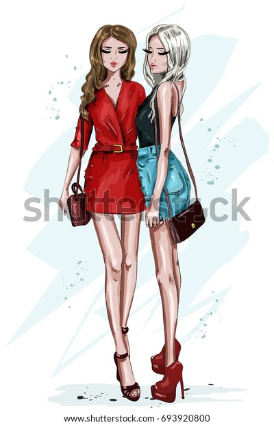 2人のスタイリッシュな美しい女の子とアクセサリー 手描きのファッション女性 夏服の女性 スケッチ ベクターイラスト のベクター画像素材 ロイヤリティフリー