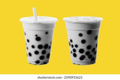 Two stylish bubble tea cups, adorned with playful halftone dots, boast a bright yellow background that evokes a sense of joy and creativity. Perfect for a sunny day.