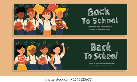Two stylish chalkboard banners featuring happy students with books and back to school message