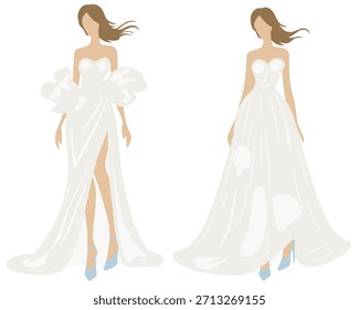 Dois elegantes vestidos brancos elegantes e vestidos de noite para mulheres, com silhuetas diversas e tecido arejado, fluindo
