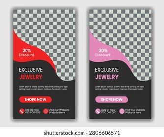 Two stylish flyers promoting exclusive jewelry sales with 20% discount, featuring bold colors and shop now buttons for marketing campaigns.