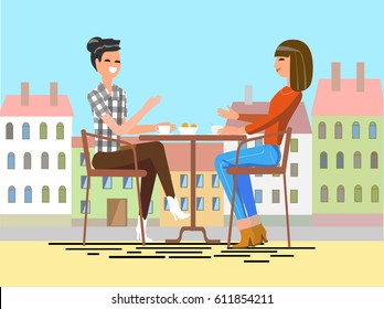 Two stylish  girlfriends having coffee together and relaxing in cafe outdoor.Vector