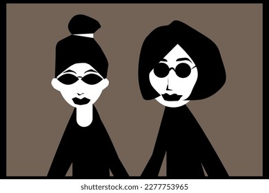 TWO STYLISH GIRLFRIENDS IN MONOCHROME  VECTOR ILLUSTRATION FOR DESIGN AND DECORATION