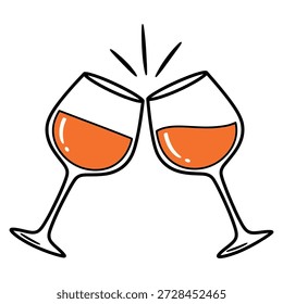 Two stylish glasses filled with an orange drink are shown clinking together in a joyous toast.