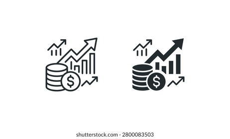 Two stylish icons showing upward growth trends with a dollar sign, database stacks, and rising bar graphs indicating financial success and data analytics.