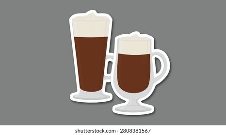 Two stylish Irish coffee glasses with foam topping, isolated on a solid grey background, high-quality vector illustration for menu design.