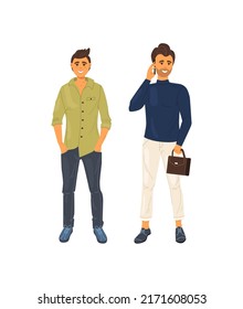 Two stylish man, one of them talking on phone. Cheerful smiling adult guys dressed trendy fashionable clothes standing together. Business partners, best friends flat vector
