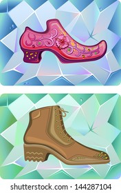 Two stylish man shoes isolated on faceted background. Created in Adobe Illustrator. Image contains gradients. EPS 8.