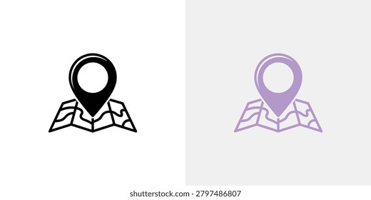 Two stylish map pin icons in black and purple colors displayed over a folded map illustration for location marking purposes