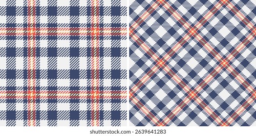 Two stylish plaid patterns in navy, white, and orange. Perfect for textile design, apparel, home décor, and wrapping paper.