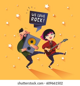 Two stylish rock musicians with We Love Rock ribbon, cute guitar girl and boy with loudspeaker. Good for concert or party poster, flyer etc. Vector colorful illustration in flat style