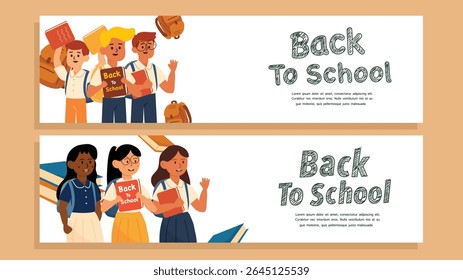 Two stylish web banner designs featuring cartoon students and school campaign text