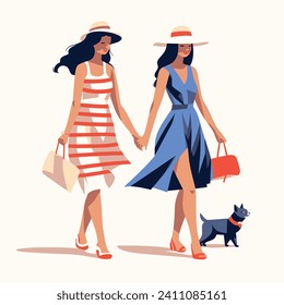 Two stylish women in summer dresses and hats walking with a small dog. Friends enjoy a leisurely stroll with a pet. Trendy fashion, friendship, and pets vector illustration