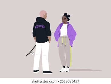 Two stylish youth engaging in a lively flirty conversation on a light background, showcasing their vibrant streetwear and skateboard in an urban environment