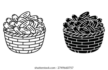 Two stylistic representations of a basket filled with dates. Features a detailed outline and a solid silhouette for versatile design use in healthy food, agriculture, and cooking concepts.