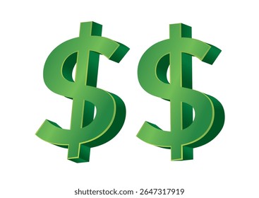 Dois símbolos estilizados de dólar verde 3D com um acabamento brilhante, simbolizando prosperidade e riqueza financeira, colocados contra um fundo plano
