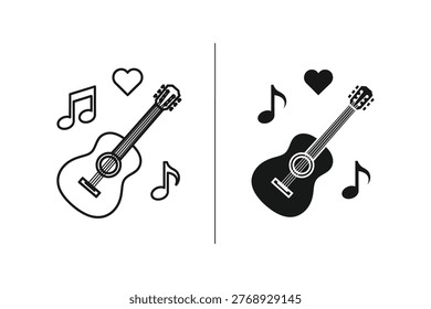 Two stylized acoustic guitars, one outlined and one filled, are depicted with musical notes and hearts. This graphic is ideal for music-related marketing, advertising, or educational content.