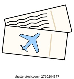 Dos boletos de avión estilizados. Una muestra un icono de avión, la otra líneas onduladas. Viajes, vacaciones y concepto de aventura. Diseño sencillo y limpio. Aislado en blanco.