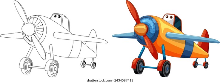 Two stylized airplanes, one colorful and one outlined.