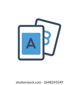 Two stylized alphabet learning cards show letter A and B. Flat design on a solid White Background.