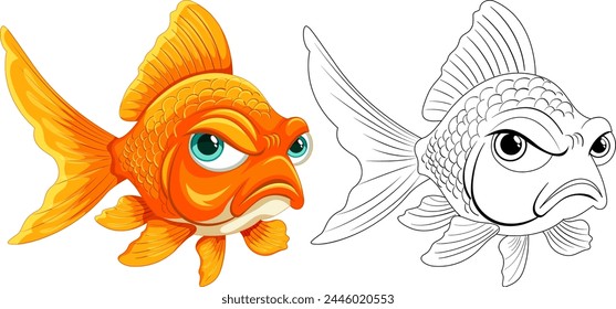 Dos peces enojados estilizados, uno coloreado y otro delineado.