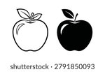 Two stylized apple illustrations, one outlined and one filled, with leaf details on a white background