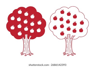 Dos manzanos estilizados, uno rojo y otro blanco, con manzanas.