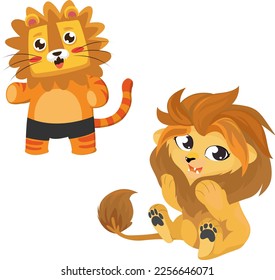 Two stylized baby lion illustrations in joyful and playful poses, capturing their playful spirit