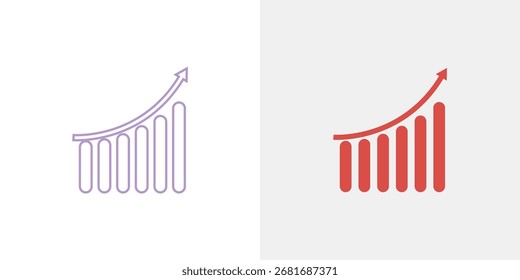 Dois gráficos de barras estilizados, um em contorno azul e um em vermelho, ambos retratam uma clara tendência ascendente com uma seta indicando crescimento.