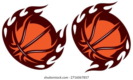 Dos balones de baloncesto estilizados envueltos en llamas dinámicas, que muestran imágenes deportivas enérgicas y apasionadas con un diseño audaz.